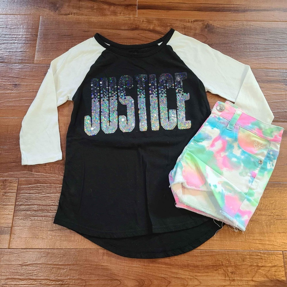 Justice Top Short Lot Girls‎ 12 Tie Dye Sequins Baseball Tee
